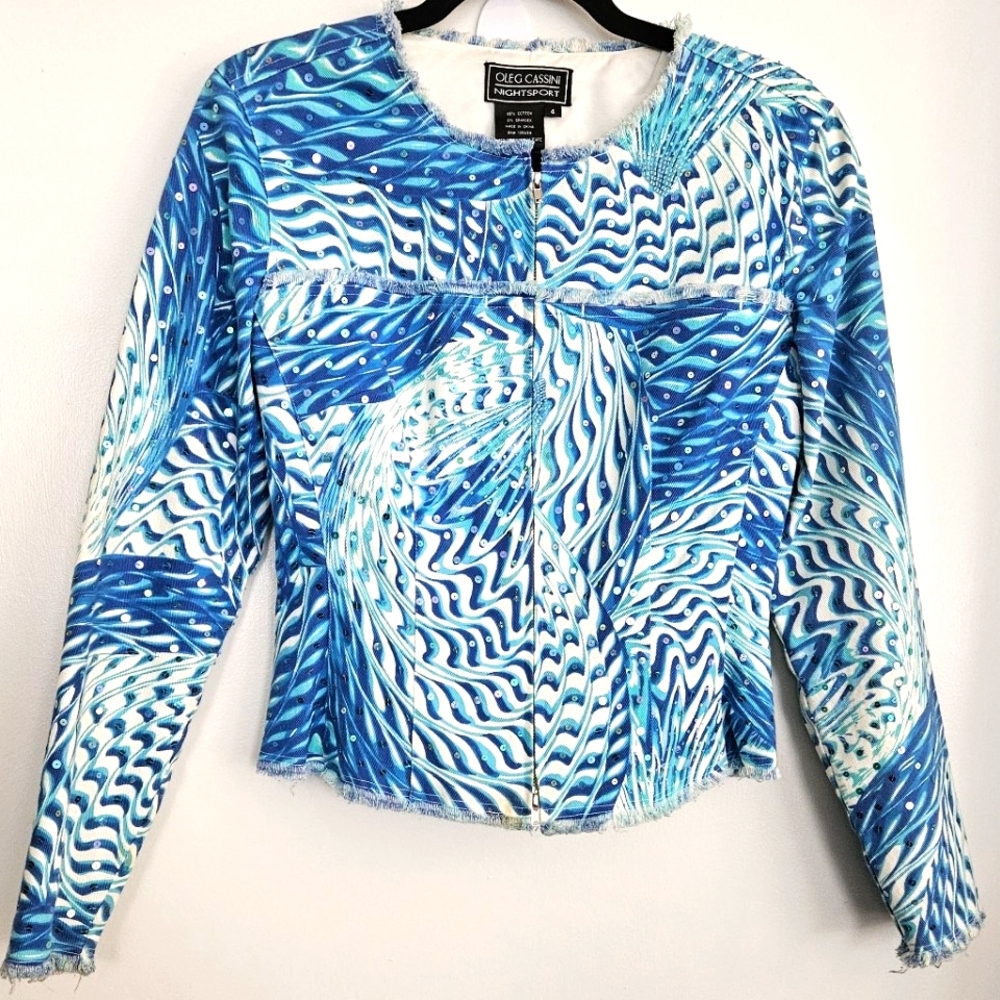 Oleg Cassini Nightsport Vintage Womens 4 Cotton Denim Jacket 1990s Beads…
